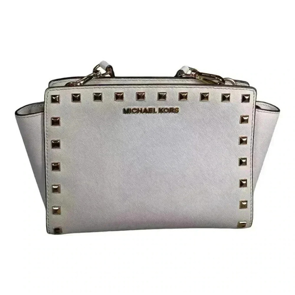 Michael Kors Selma Studded Shoulder Crossbody White Leather Gold Small - Picture 2 of 10